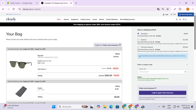 Clearly CA checkout page showing Clearly CA promo code box | Screenshot taken by SimplyCodes community member on Aug 5, 2025