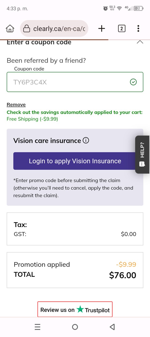 Clearly CA checkout page showing Clearly CA promo code box | Screenshot taken by SimplyCodes community member on Aug 24, 2025