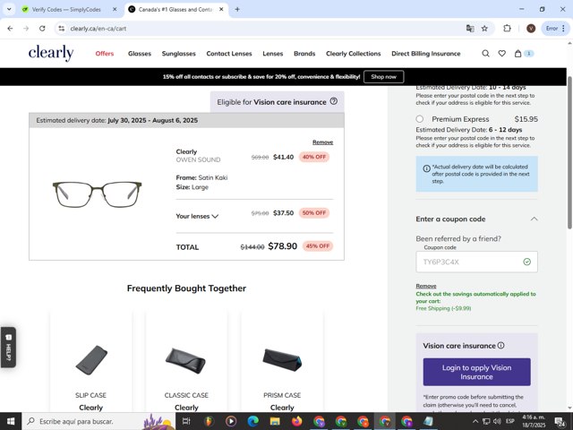 Clearly CA checkout page showing Clearly CA promo code box | Screenshot taken by SimplyCodes community member on Jul 18, 2025