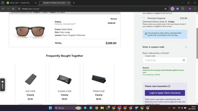 Clearly CA checkout page showing Clearly CA promo code box | Screenshot taken by SimplyCodes community member on Jul 28, 2025