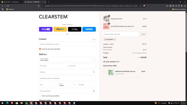 CLEARSTEM checkout page showing CLEARSTEM discount code box | Screenshot taken by SimplyCodes community member on Apr 16, 2025