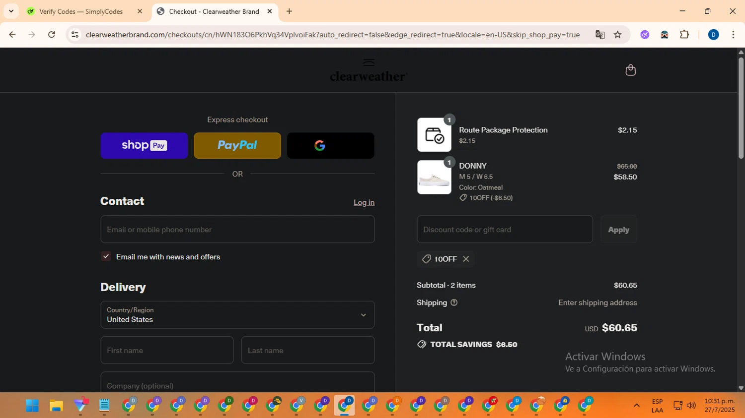 Clearweather promo code screenshot showing code 10OFF applied at Clearweather checkout page. Uploaded by SimplyCodes community member DealVoyager8768 on Jul 28, 2025