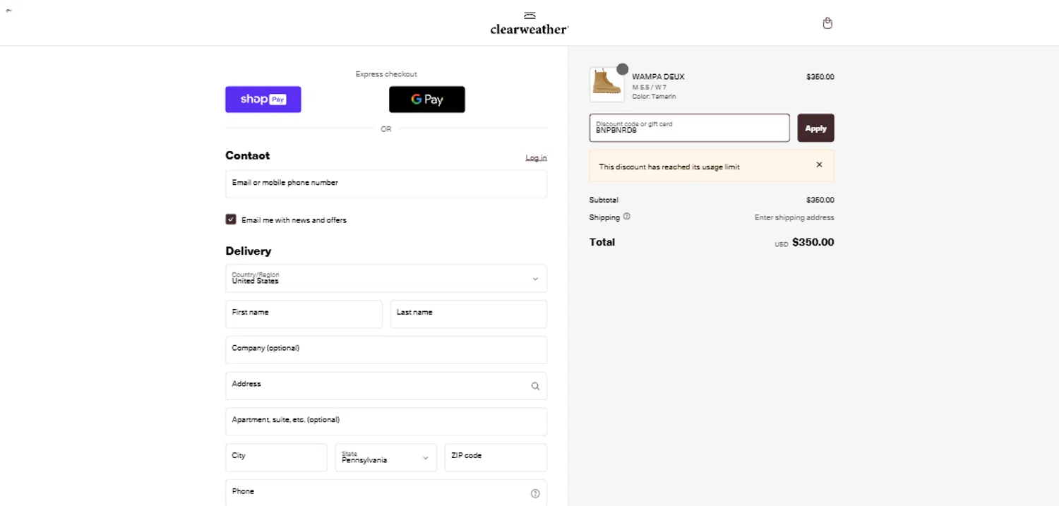 Clearweather promo code screenshot showing code 8NPBNRD8 applied at Clearweather checkout page. Uploaded by SimplyCodes community member CrownTiger6508 on Jan 25, 2025