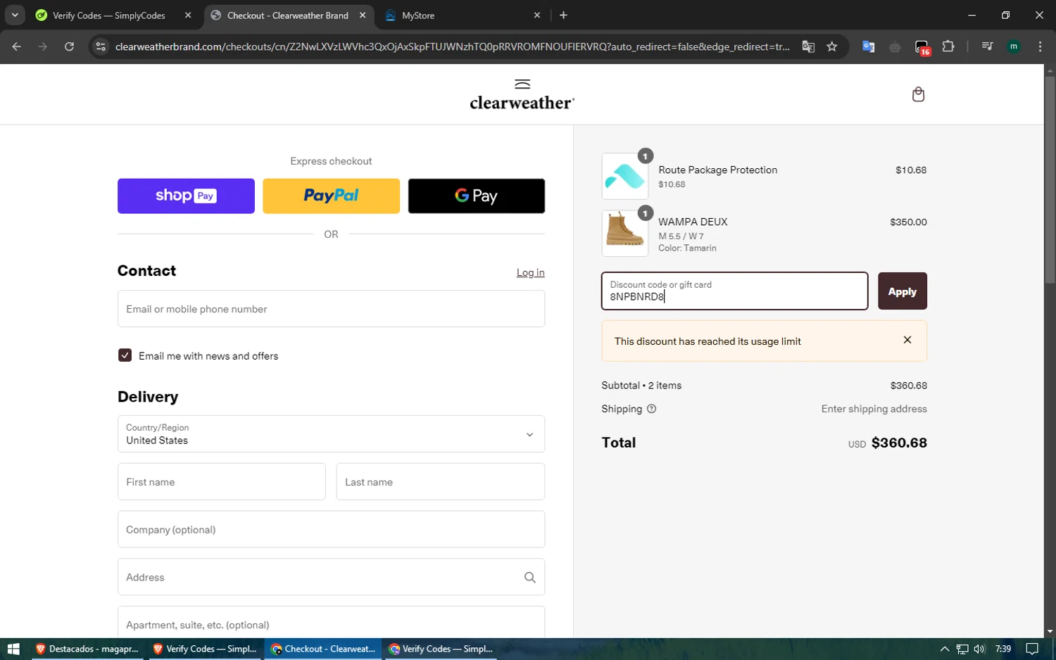Clearweather promo code screenshot showing code 8NPBNRD8 applied at Clearweather checkout page. Uploaded by SimplyCodes community member ShieldElite2370 on Jan 25, 2025