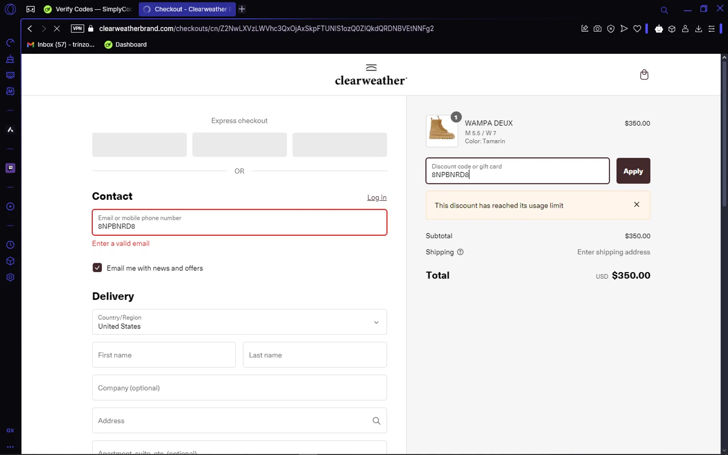 Clearweather promo code screenshot showing code 8NPBNRD8 applied at Clearweather checkout page. Uploaded by SimplyCodes community member VictoriousCaptain3902 on Jan 25, 2025