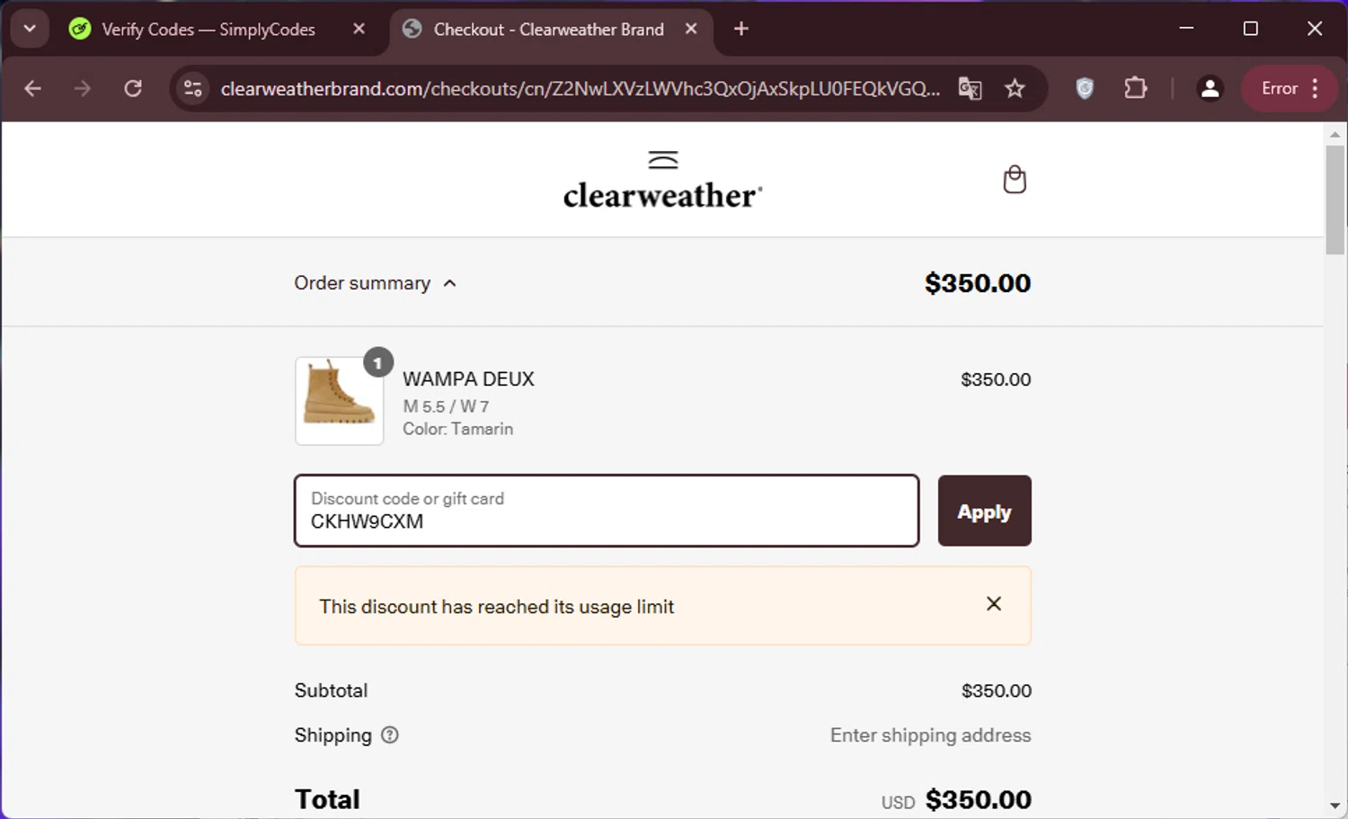 Clearweather promo code screenshot showing code CKHW9CXM applied at Clearweather checkout page. Uploaded by SimplyCodes community member ElCazarecompensas on Jan 27, 2025