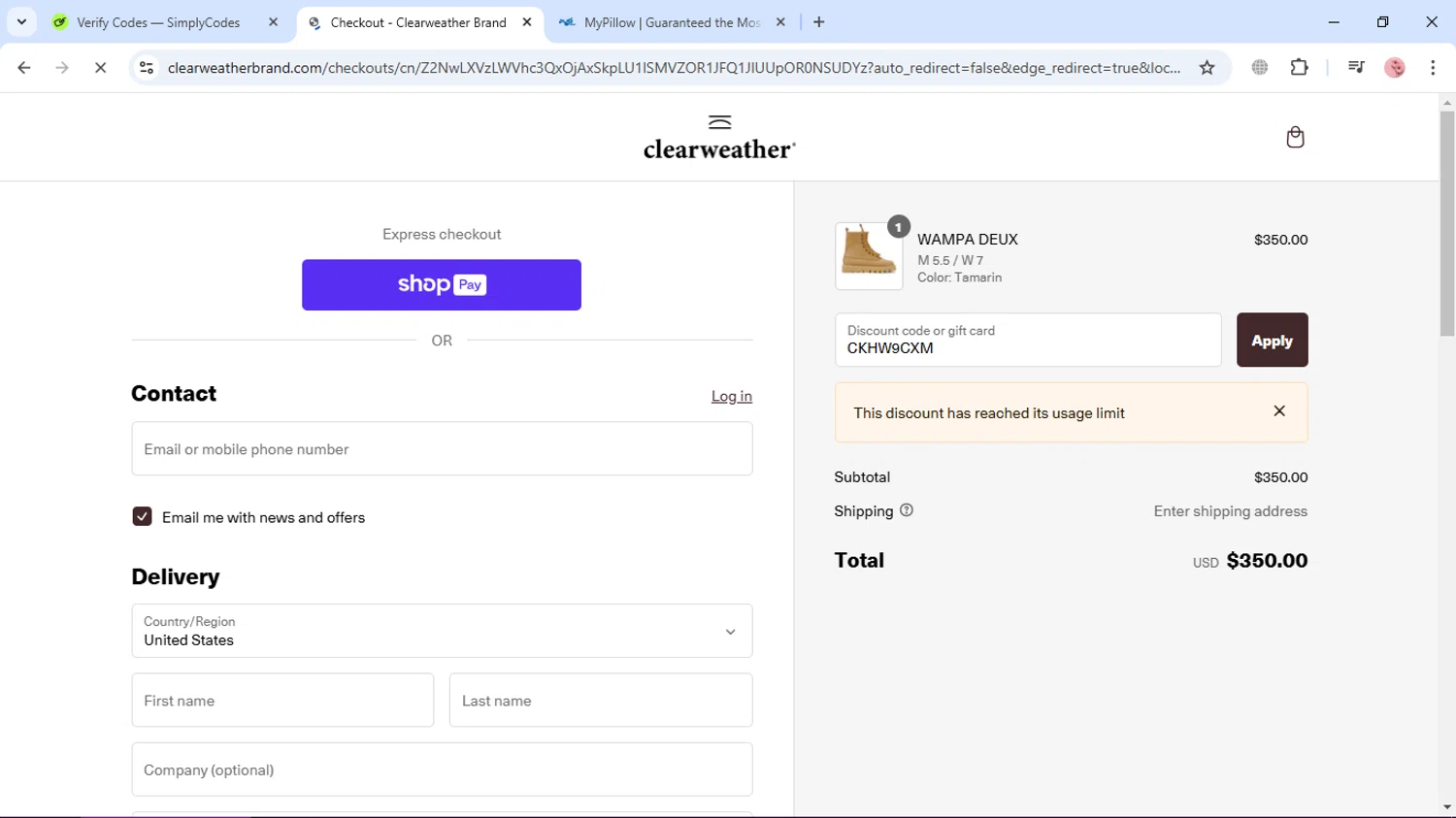 Clearweather promo code screenshot showing code CKHW9CXM applied at Clearweather checkout page. Uploaded by SimplyCodes community member GleywilmarReyes on Jan 27, 2025