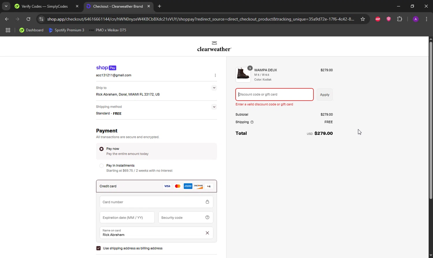 Clearweather promo code screenshot showing code CLEARWEATHER15 applied at Clearweather checkout page. Uploaded by SimplyCodes community member DeathBone on Jul 19, 2025