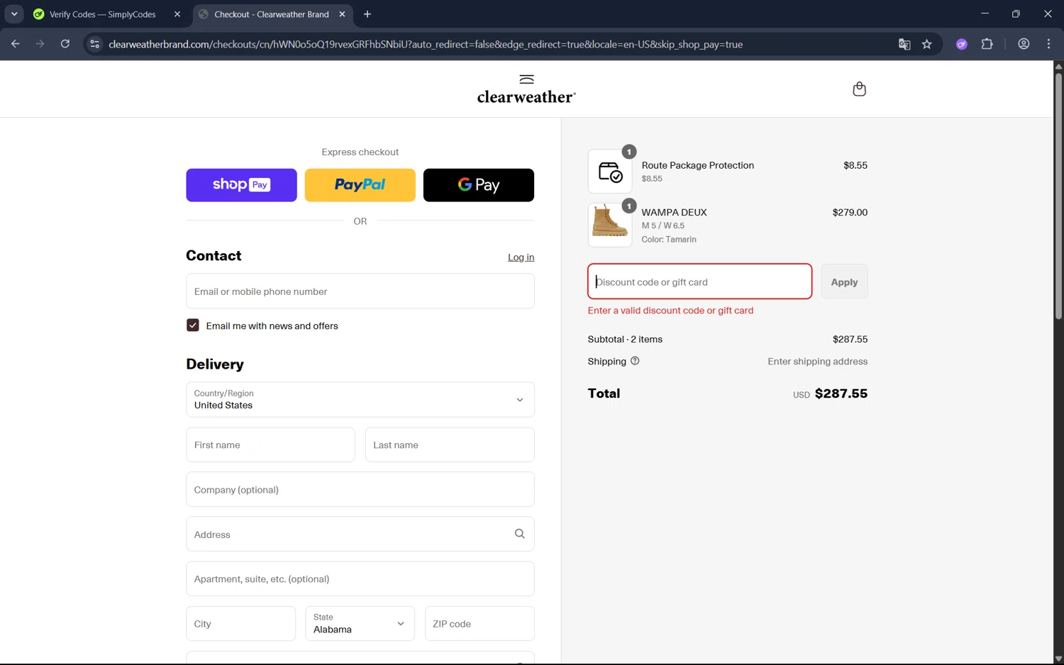 Clearweather promo code screenshot showing code CLEARWEATHER15 applied at Clearweather checkout page. Uploaded by SimplyCodes community member juan1702 on Jul 19, 2025