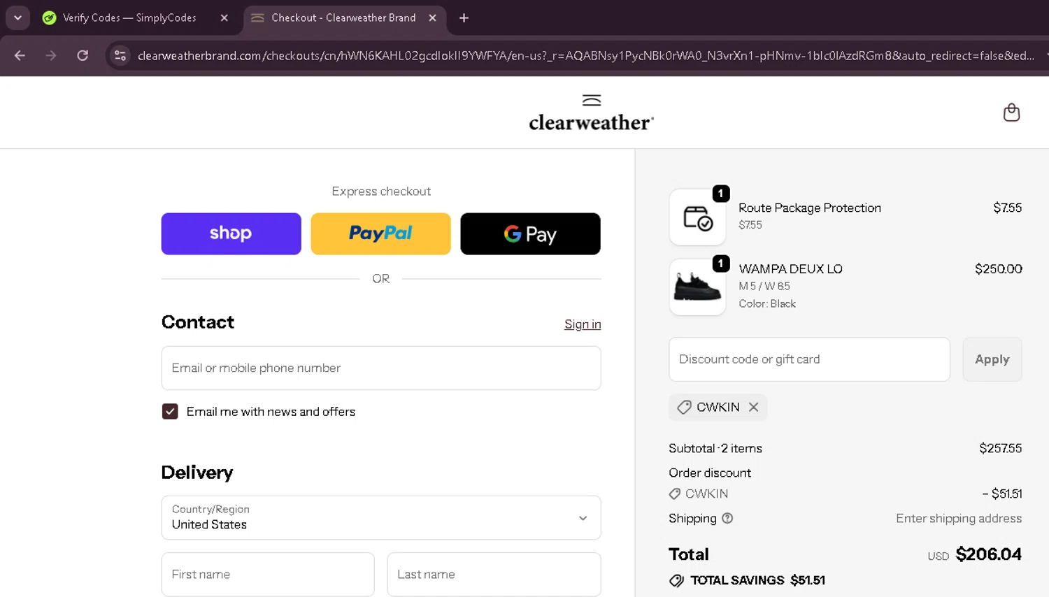 Clearweather promo code screenshot showing code CWKIN applied at Clearweather checkout page. Uploaded by SimplyCodes community member EnmanuelEDITOR on Dec 11, 2025
