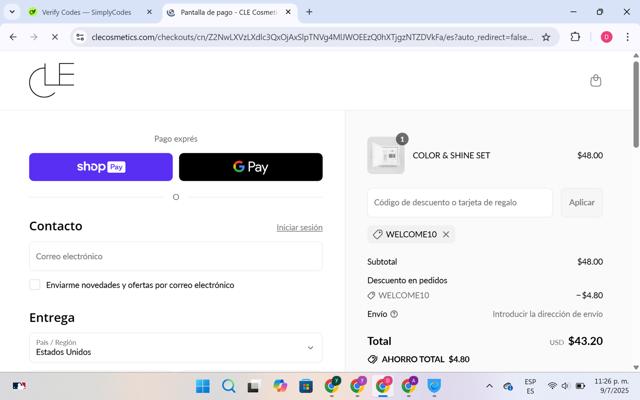 Cle Cosmetics checkout page showing Cle Cosmetics promo code box | Screenshot taken by SimplyCodes community member on Jul 10, 2025