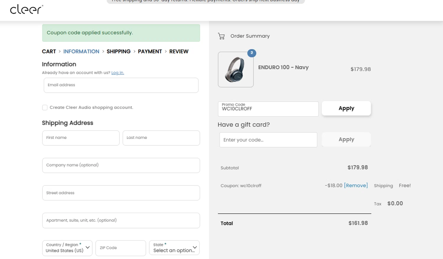 Cleer Audio promo code screenshot showing code WC10CLROFF applied at Cleer Audio checkout page. Uploaded by SimplyCodes community member Dallas on Nov 5, 2025