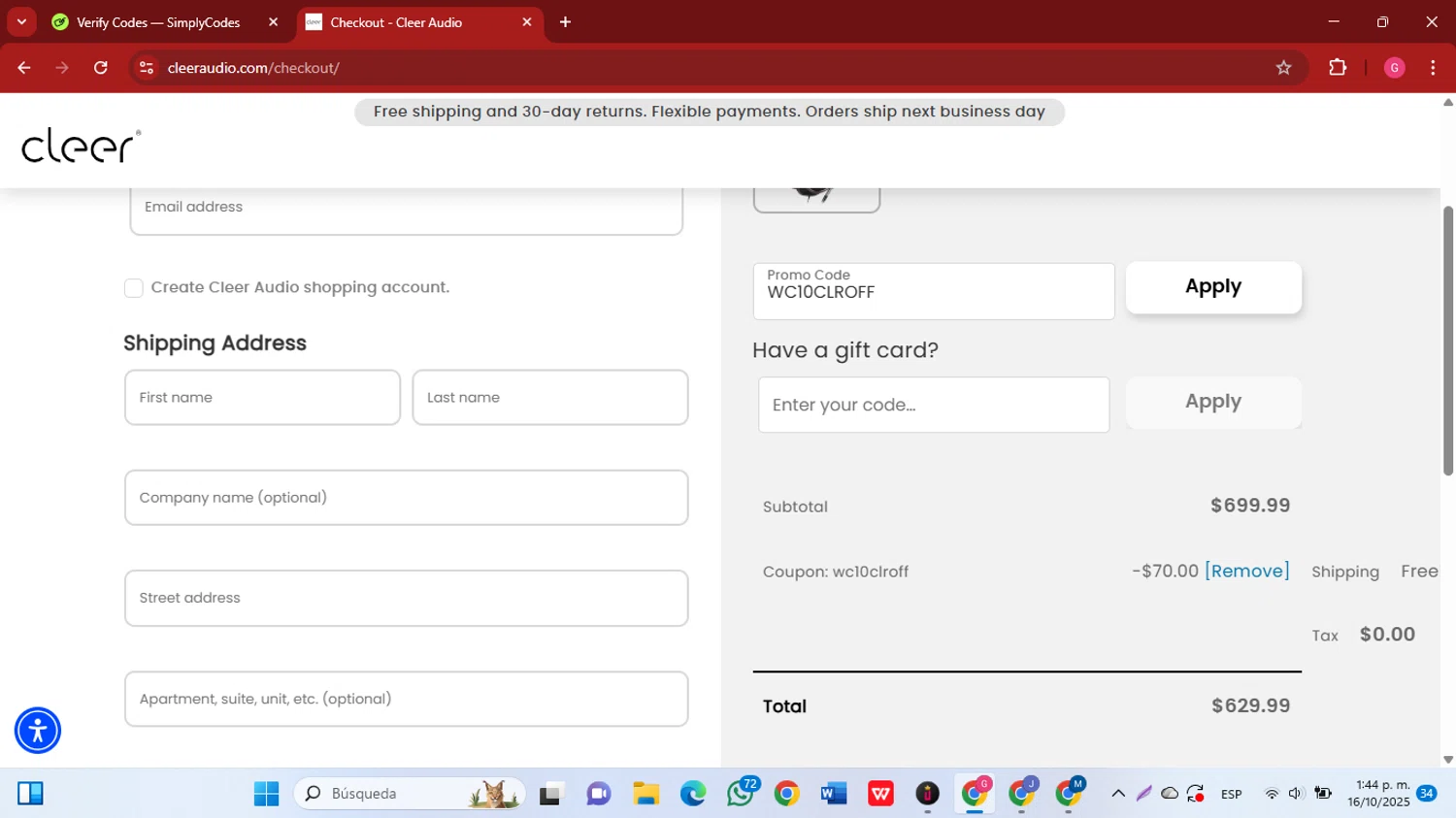 Cleer Audio promo code screenshot showing code WC10CLROFF applied at Cleer Audio checkout page. Uploaded by SimplyCodes community member GGGilbert on Oct 16, 2025