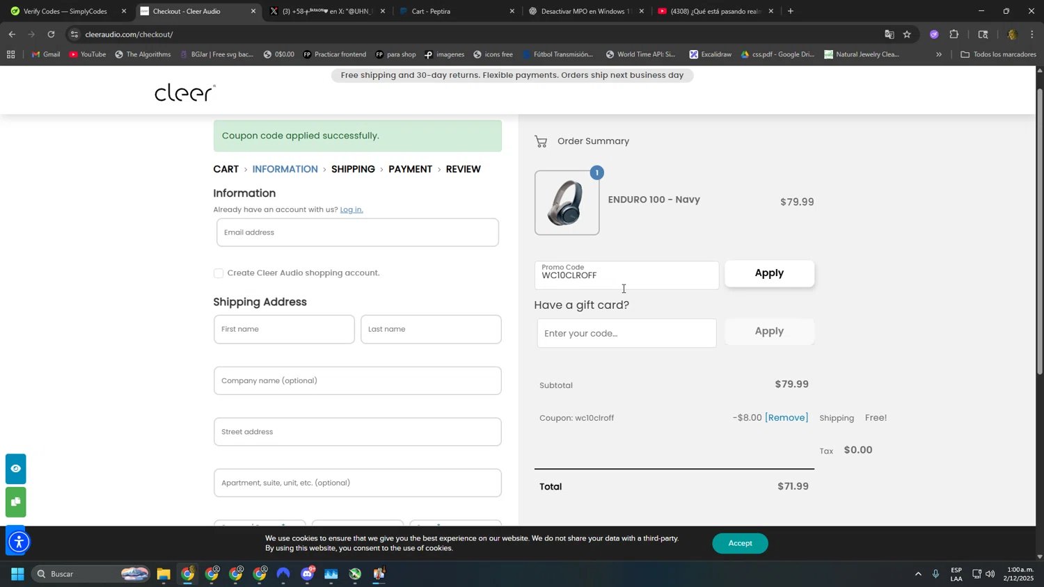 Cleer Audio promo code screenshot showing code WC10CLROFF applied at Cleer Audio checkout page. Uploaded by SimplyCodes community member SOOOOOOOOOOOOOOOOOOOOOOO on Dec 2, 2025