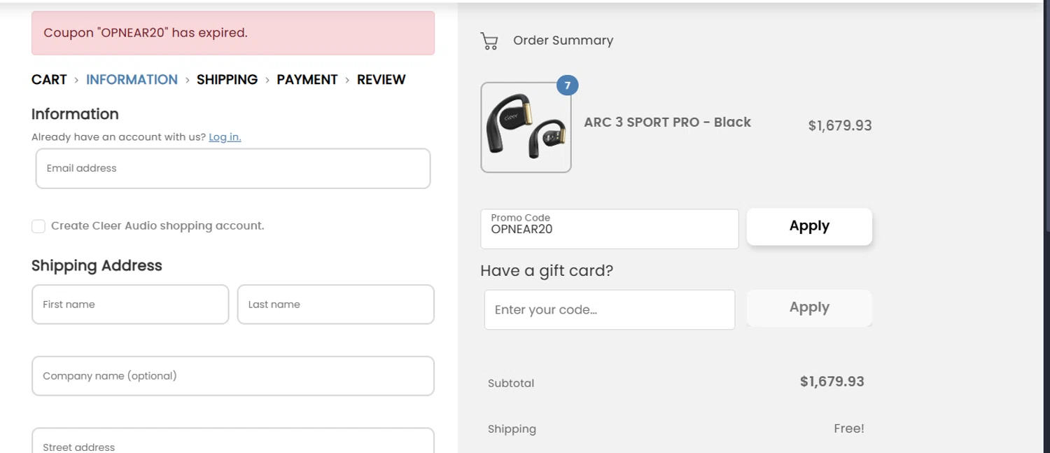 Cleer Audio promo code screenshot showing code OPNEAR20 applied at Cleer Audio checkout page. Uploaded by SimplyCodes community member manuelturizo on Sep 17, 2025