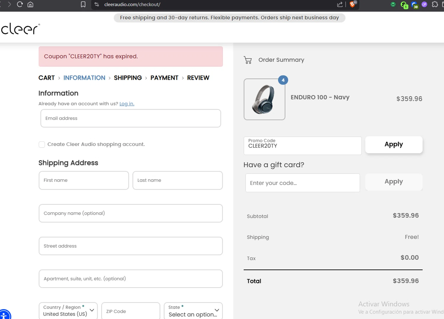 Cleer Audio promo code screenshot showing code CLEER20TY applied at Cleer Audio checkout page. Uploaded by SimplyCodes community member Jmhernand1 on Nov 11, 2025