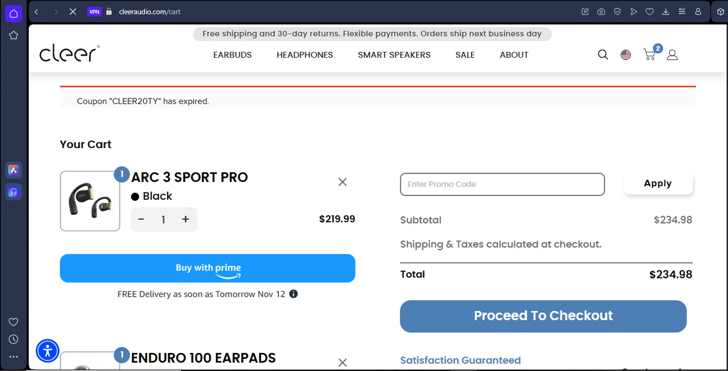 Cleer Audio promo code screenshot showing code CLEER20TY applied at Cleer Audio checkout page. Uploaded by SimplyCodes community member SilverKnight4465 on Nov 11, 2025