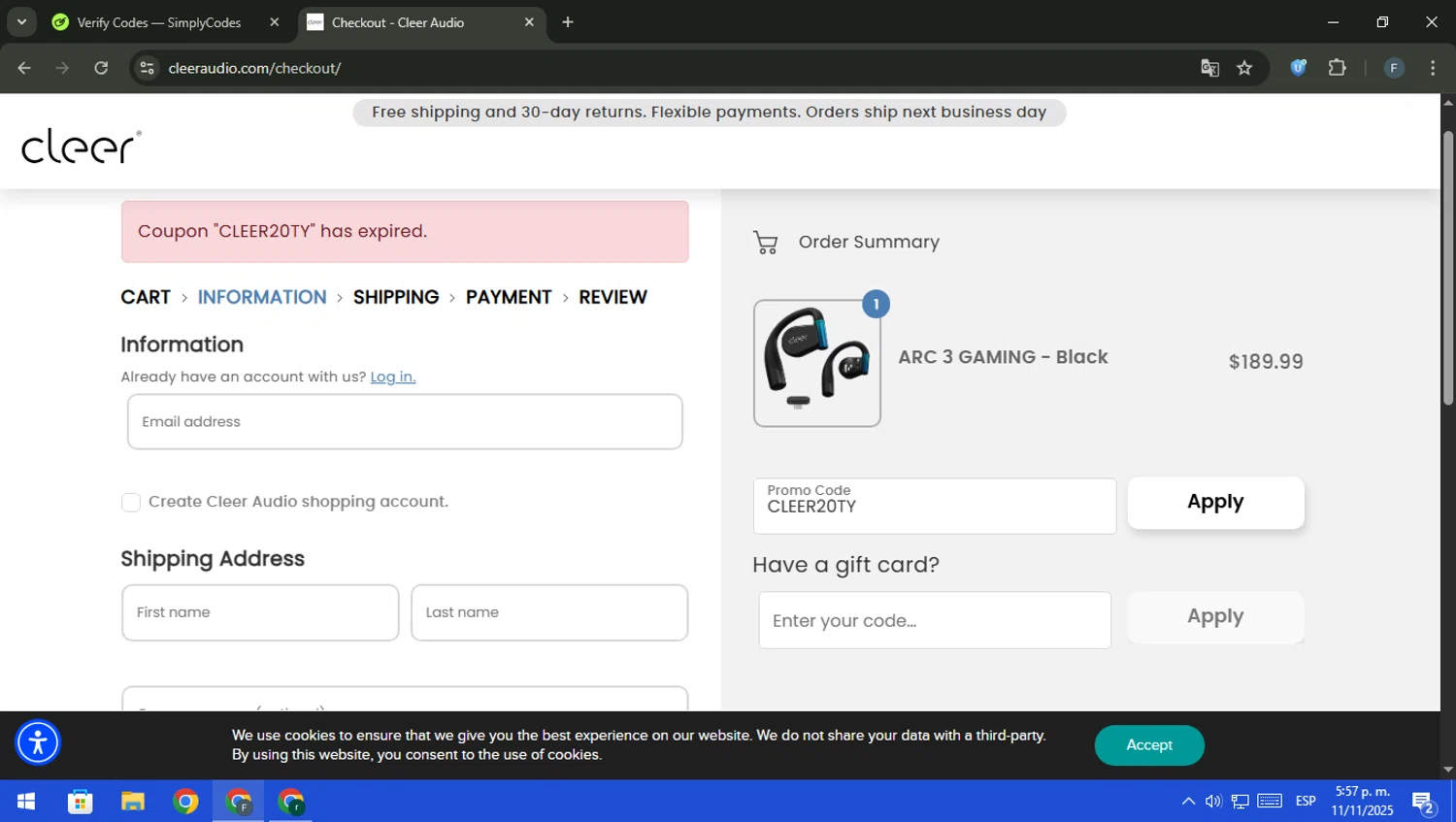 Cleer Audio promo code screenshot showing code CLEER20TY applied at Cleer Audio checkout page. Uploaded by SimplyCodes community member pajarito on Nov 11, 2025