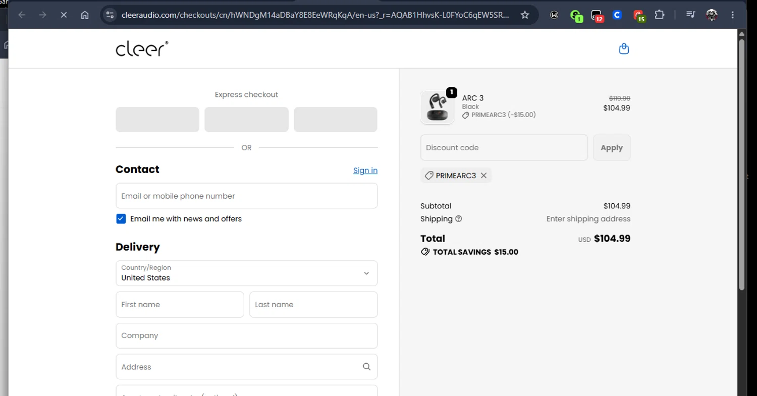 Cleer Audio promo code screenshot showing code PRIMEARC3 applied at Cleer Audio checkout page. Uploaded by SimplyCodes community member Jmhernand1 on Jun 23, 2026