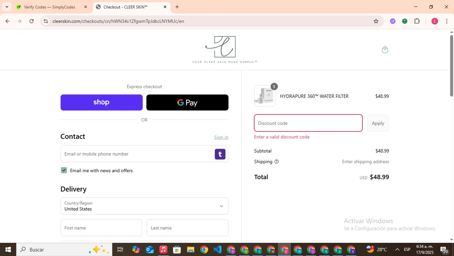Cleer Skin promo code screenshot showing code SUM15 applied at Cleer Skin checkout page. Uploaded by SimplyCodes community member CouponHero7312 on Sep 17, 2025