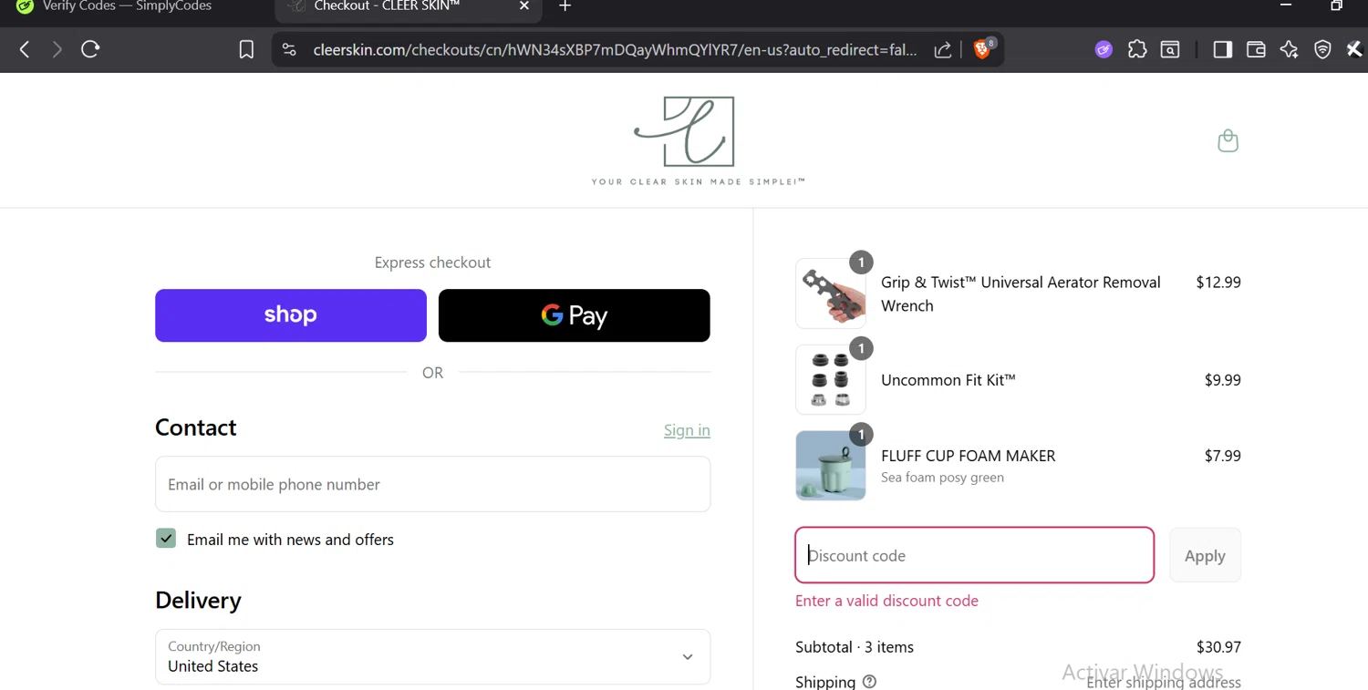 Cleer Skin promo code screenshot showing code SUM15 applied at Cleer Skin checkout page. Uploaded by SimplyCodes community member GloriousTitan3094 on Sep 17, 2025