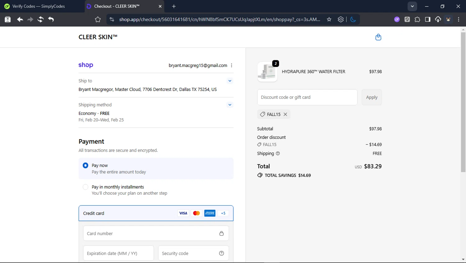 Cleer Skin checkout page showing Cleer Skin promo code box | Screenshot taken by SimplyCodes community member on Feb 10, 2026