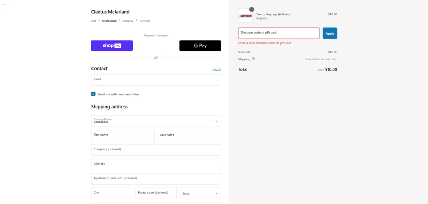 Cleetus Mcfarland discount code screenshot showing code FRDM50 applied at Cleetus Mcfarland checkout page. Uploaded by SimplyCodes community member NobleWarden1688 on Dec 28, 2024