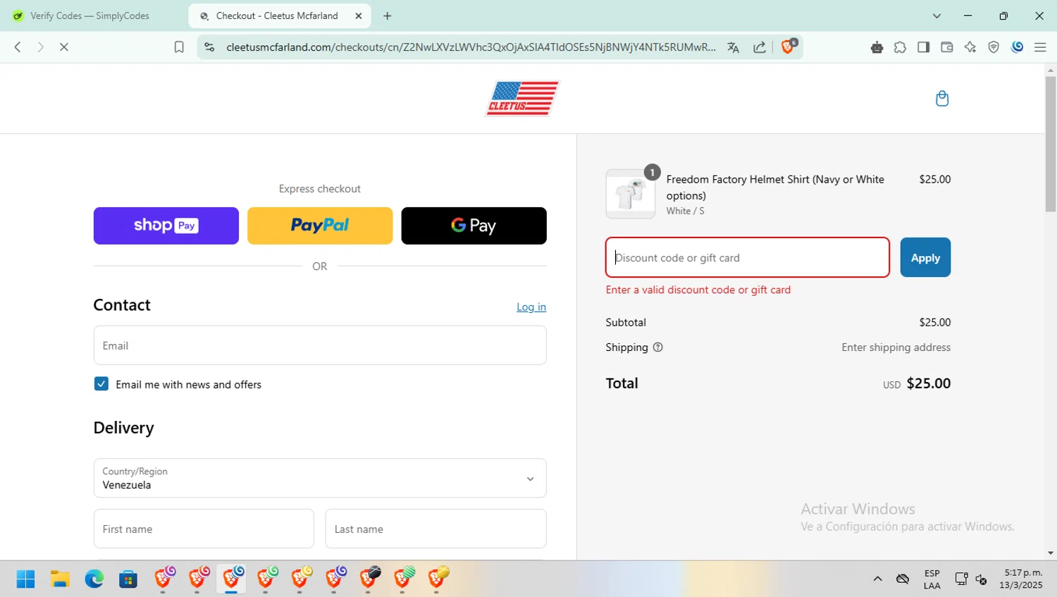 Cleetus Mcfarland discount code screenshot showing code FRDM50 applied at Cleetus Mcfarland checkout page. Uploaded by SimplyCodes community member nadita on Mar 13, 2025