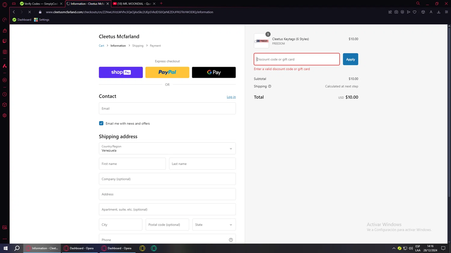 Cleetus Mcfarland discount code screenshot showing code FRDM20 applied at Cleetus Mcfarland checkout page. Uploaded by SimplyCodes community member ValueWarden4201 on Dec 28, 2024