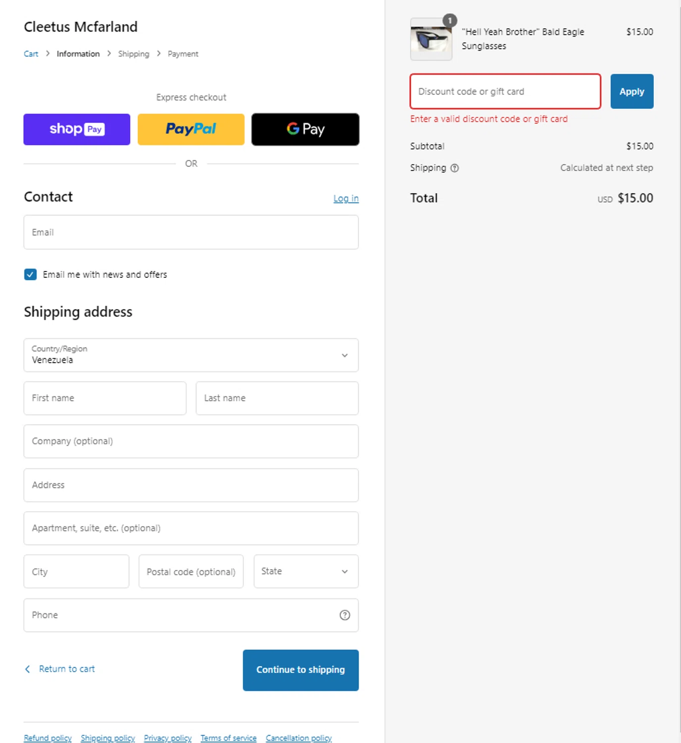 Cleetus Mcfarland discount code screenshot showing code FRDM20 applied at Cleetus Mcfarland checkout page. Uploaded by SimplyCodes community member josesanchez10 on Dec 28, 2024