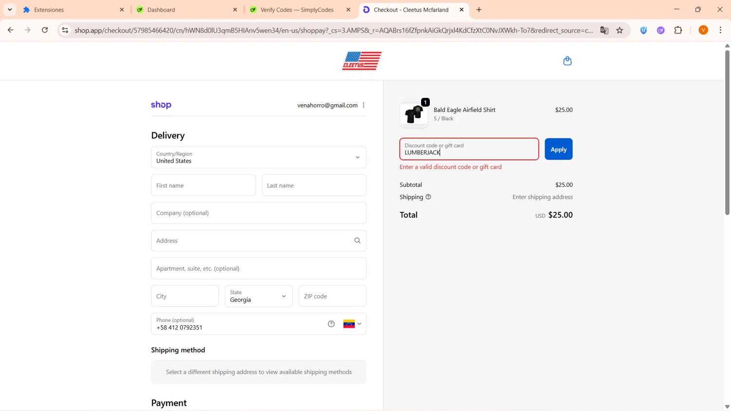 Cleetus Mcfarland discount code screenshot showing code LUMBERJACK applied at Cleetus Mcfarland checkout page. Uploaded by SimplyCodes community member FortunateFinder9465 on Feb 10, 2026