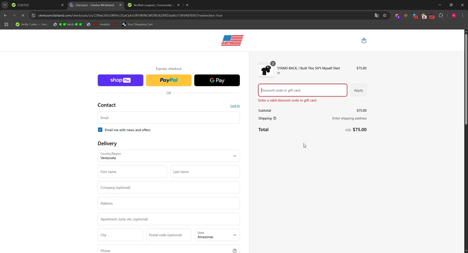 Cleetus Mcfarland discount code screenshot showing code CLEETUS applied at Cleetus Mcfarland checkout page. Uploaded by SimplyCodes community member RewardMaverick6941 on May 10, 2025