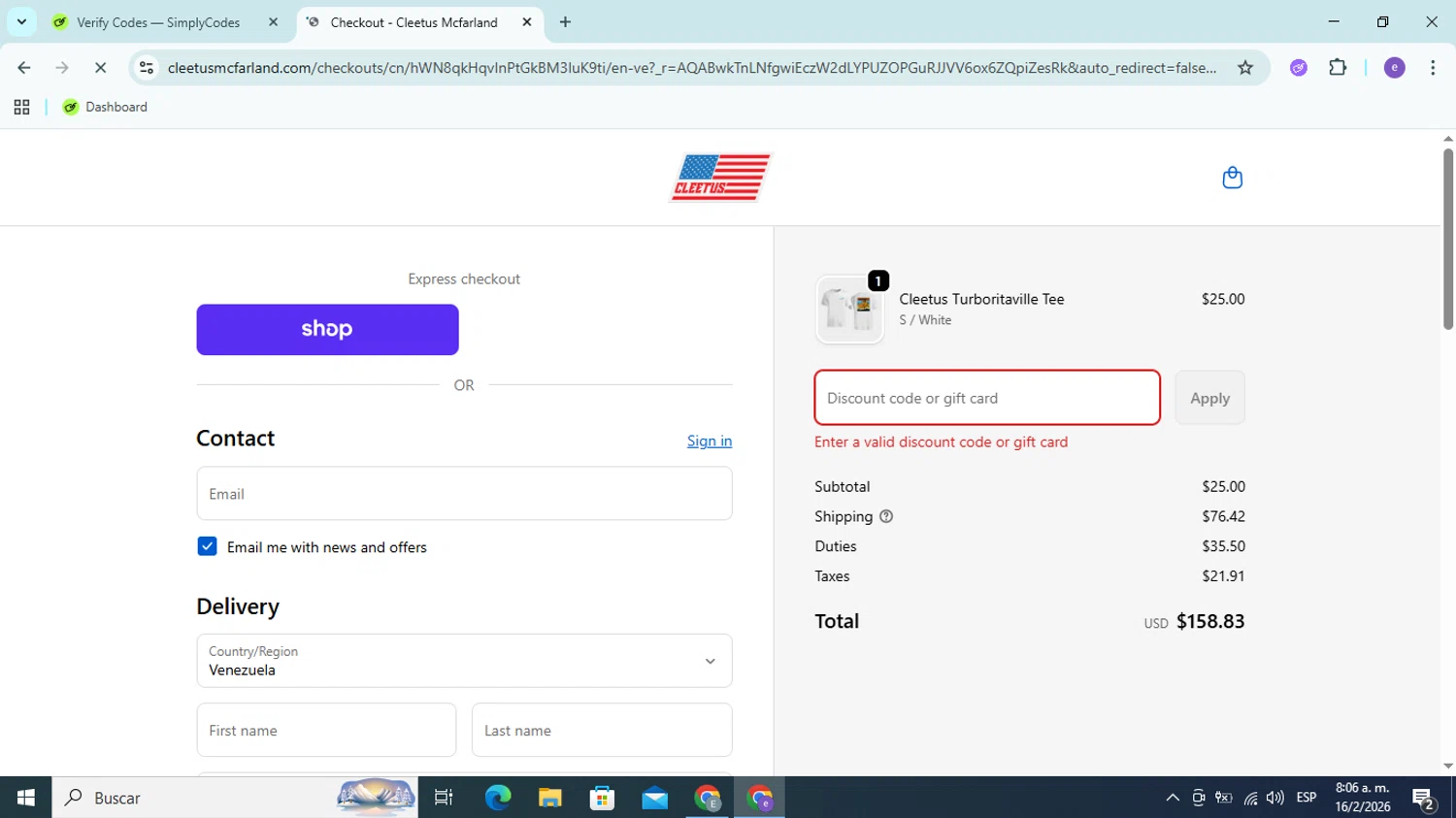 Cleetus Mcfarland discount code screenshot showing code CLEETERPALS30 applied at Cleetus Mcfarland checkout page. Uploaded by SimplyCodes community member Esteban14 on Feb 16, 2026