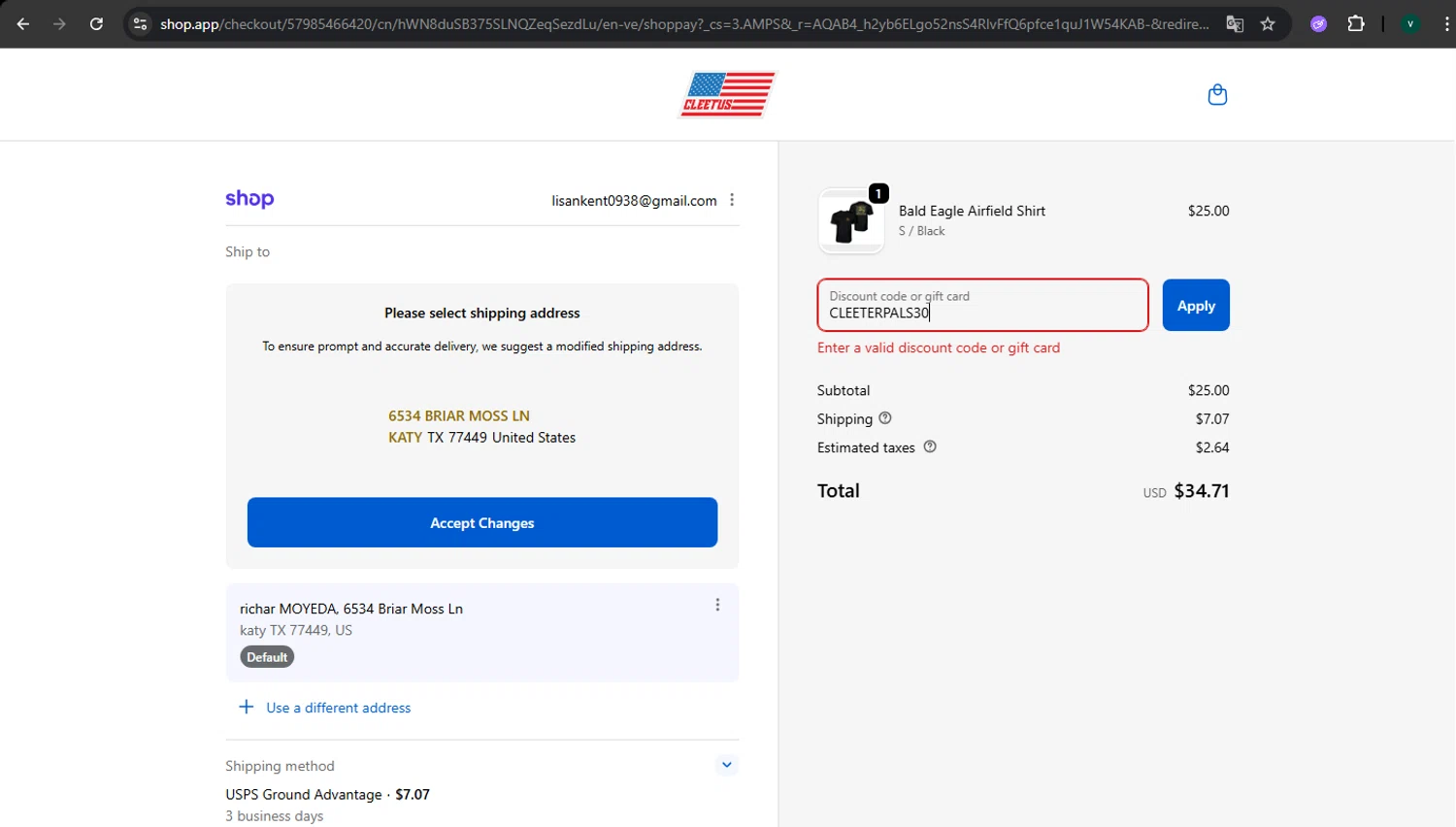 Cleetus Mcfarland discount code screenshot showing code CLEETERPALS30 applied at Cleetus Mcfarland checkout page. Uploaded by SimplyCodes community member MightyLynx459 on Feb 11, 2026