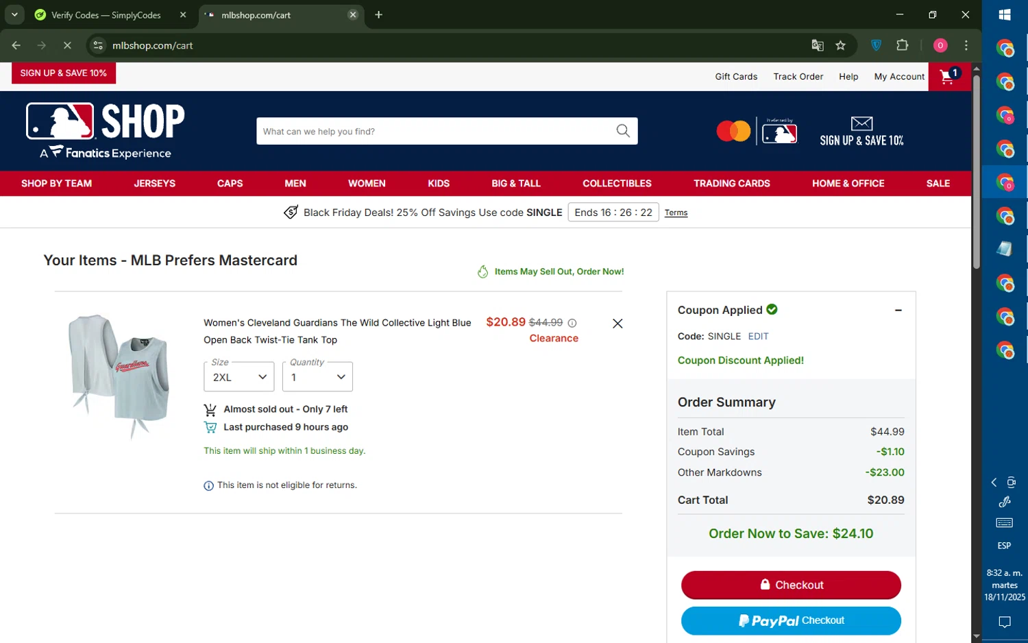 Cleveland Guardians coupon code screenshot showing code single applied at Cleveland Guardians checkout page. Uploaded by SimplyCodes community member LegendaryRanger6350 on Nov 18, 2025