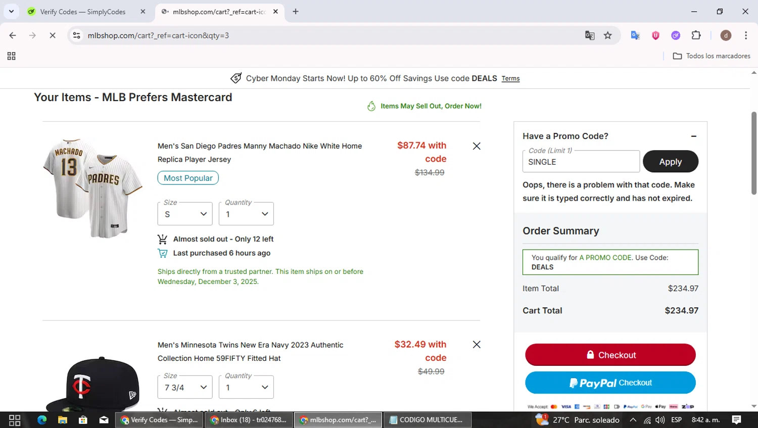 Cleveland Guardians coupon code screenshot showing code single applied at Cleveland Guardians checkout page. Uploaded by SimplyCodes community member SavingsBoss991 on Nov 30, 2025