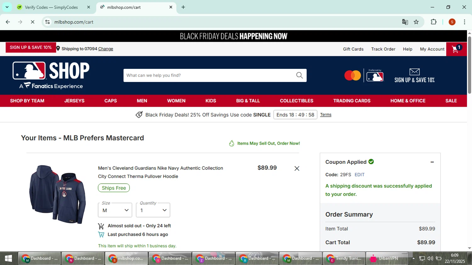Cleveland Guardians coupon code screenshot showing code 29FS applied at Cleveland Guardians checkout page. Uploaded by SimplyCodes community member CleverTiger4265 on Nov 22, 2025