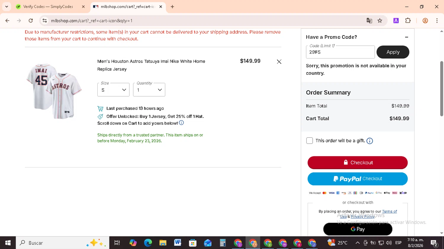 Cleveland Guardians coupon code screenshot showing code 29FS applied at Cleveland Guardians checkout page. Uploaded by SimplyCodes community member RebateCollector5909 on Feb 8, 2026