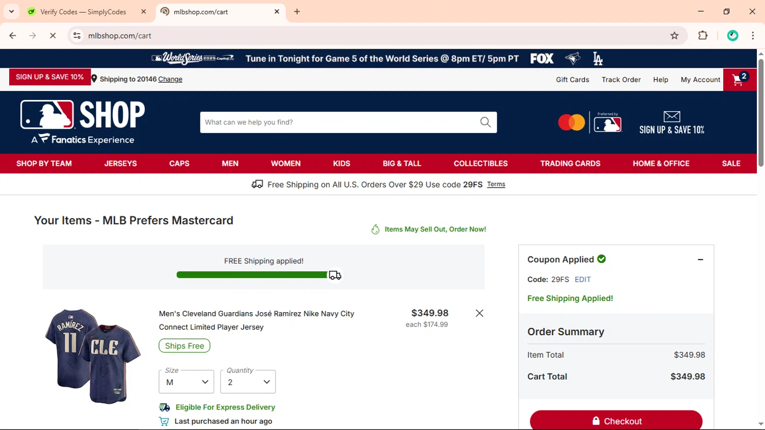 Cleveland Guardians coupon code screenshot showing code 29FS applied at Cleveland Guardians checkout page. Uploaded by SimplyCodes community member ShieldLegend9691 on Oct 29, 2025