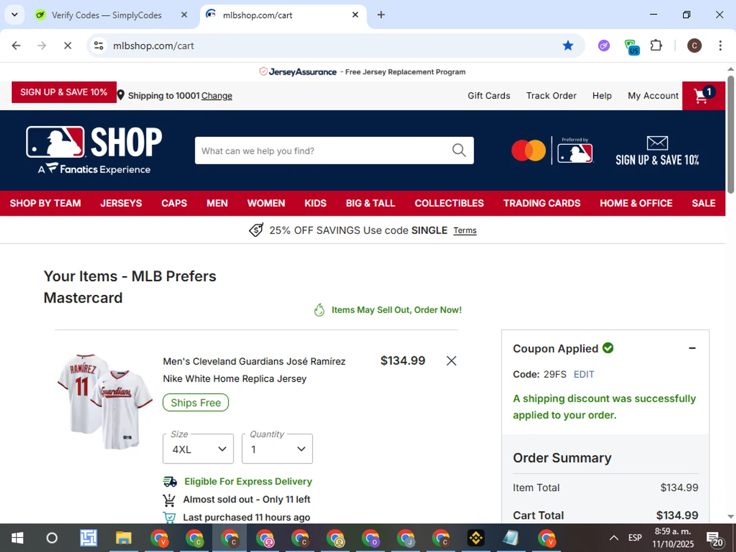 Cleveland Guardians coupon code screenshot showing code 29FS applied at Cleveland Guardians checkout page. Uploaded by SimplyCodes community member TreasureFox8596 on Oct 11, 2025