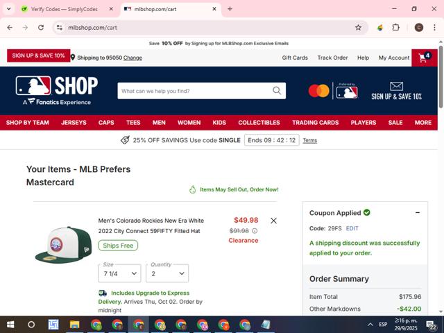 Cleveland Guardians checkout page showing Cleveland Guardians coupon code box | Screenshot taken by SimplyCodes community member on Sep 29, 2025
