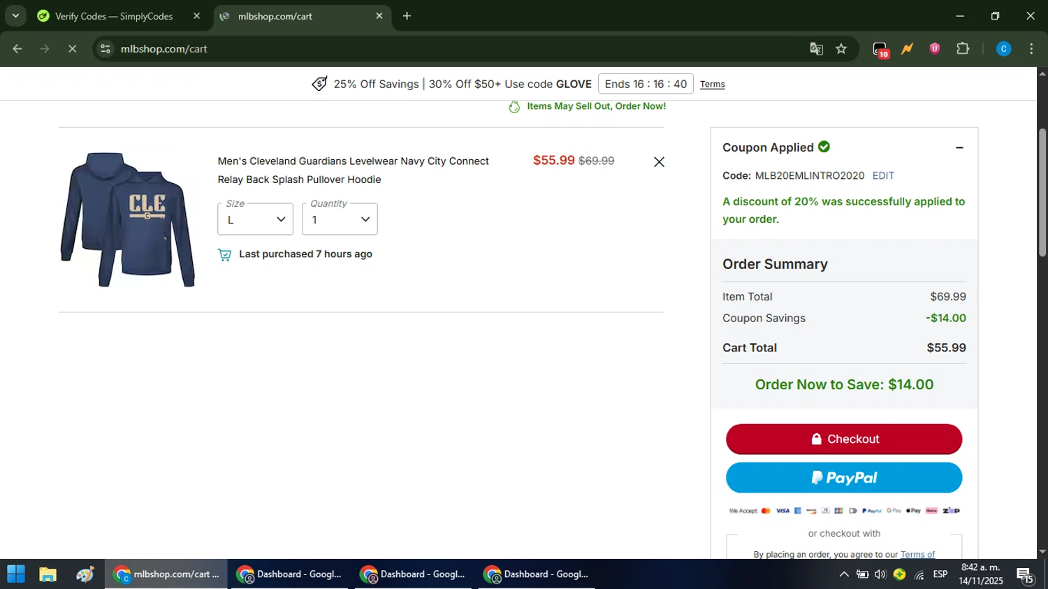 Cleveland Guardians coupon code screenshot showing code MLB20EMLINTRO2020 applied at Cleveland Guardians checkout page. Uploaded by SimplyCodes community member NobleFox488 on Nov 14, 2025