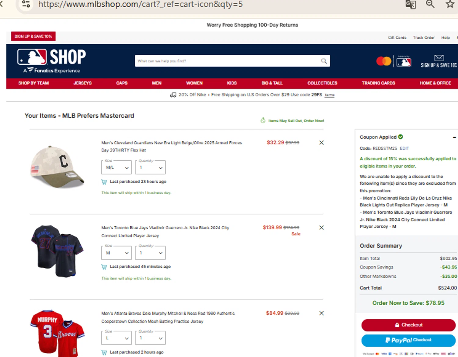 Cleveland Guardians coupon code screenshot showing code REDSSTM25 applied at Cleveland Guardians checkout page. Uploaded by SimplyCodes community member CashMaestro9337 on Jul 20, 2025
