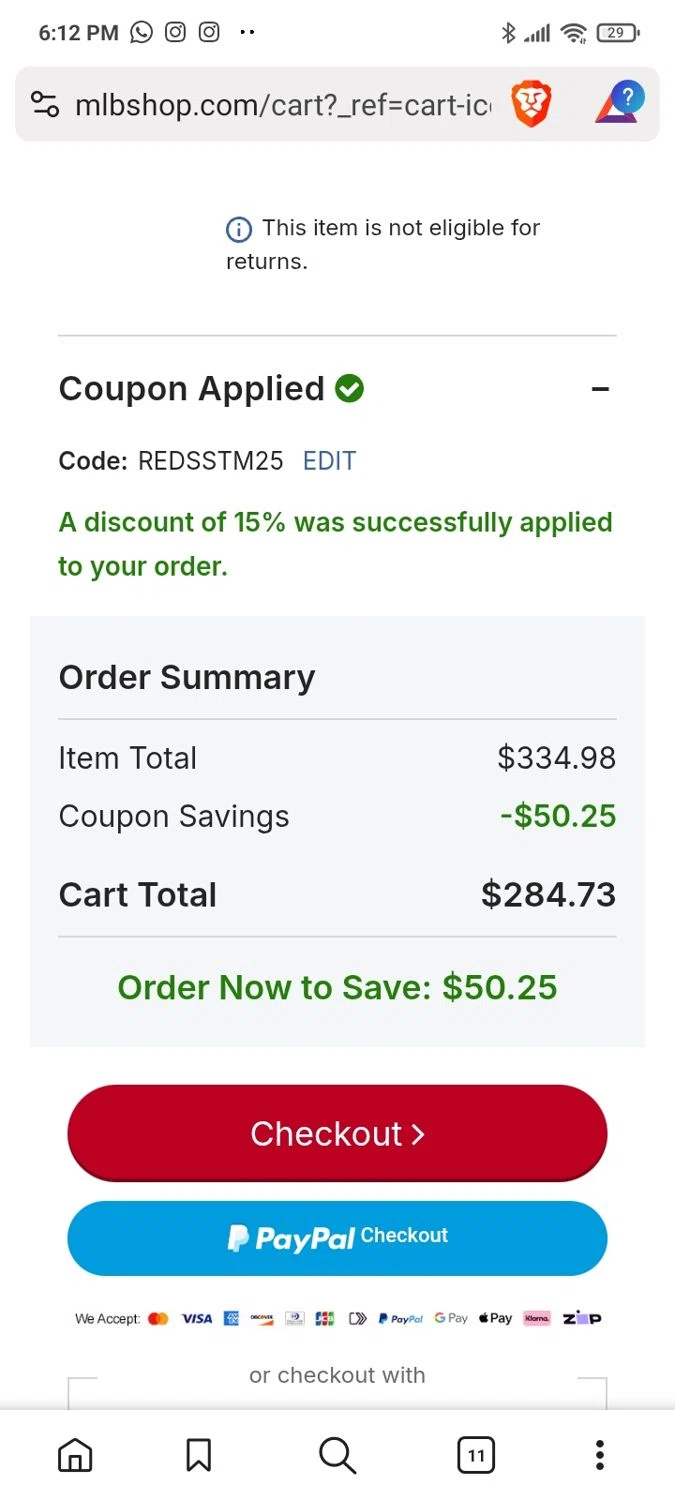 Cleveland Guardians coupon code screenshot showing code REDSSTM25 applied at Cleveland Guardians checkout page. Uploaded by SimplyCodes community member Yarialmys2020 on Aug 11, 2025
