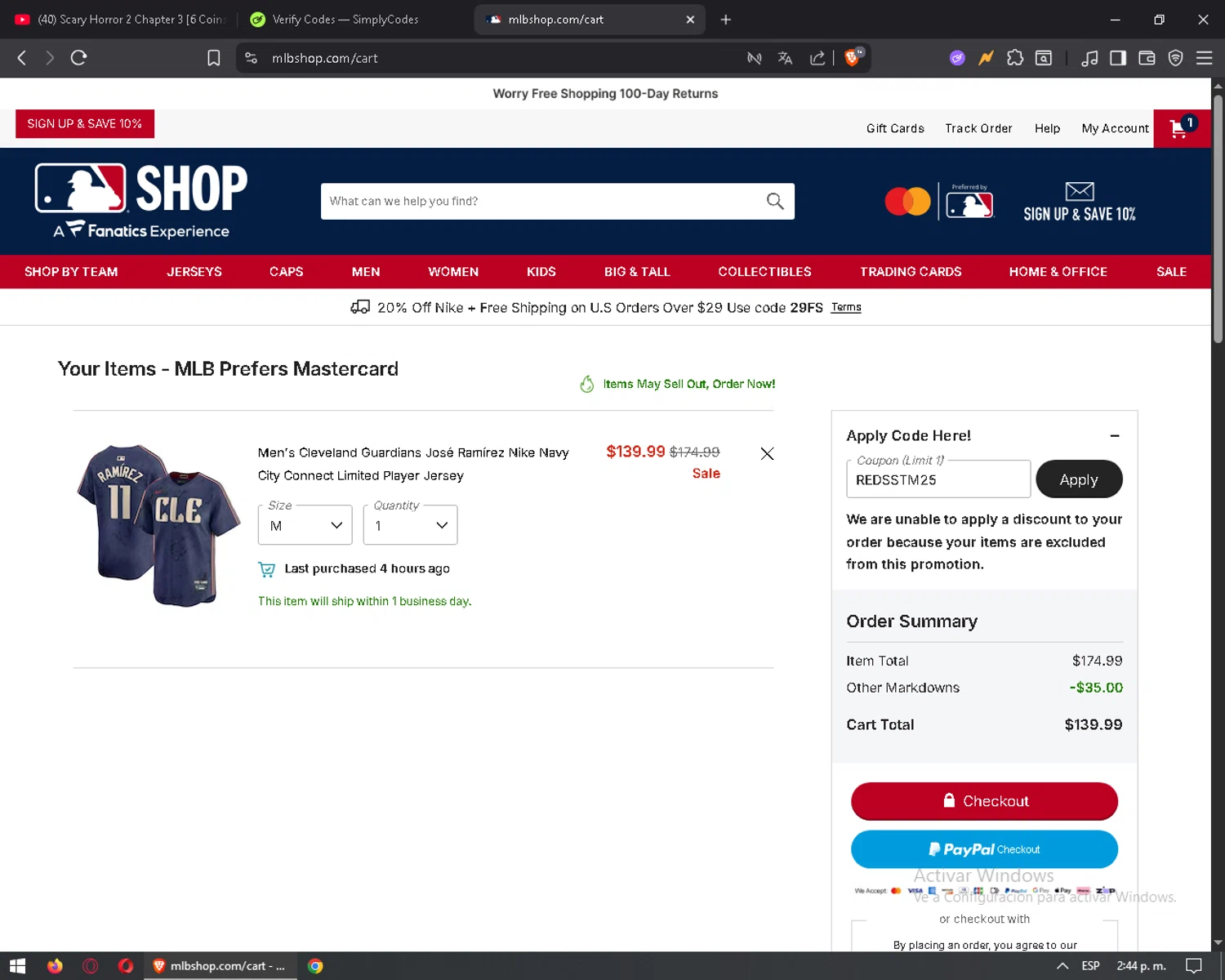 Cleveland Guardians coupon code screenshot showing code REDSSTM25 applied at Cleveland Guardians checkout page. Uploaded by SimplyCodes community member mixelis on Jul 20, 2025