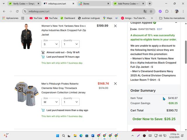Cleveland Guardians checkout page showing Cleveland Guardians coupon code box | Screenshot taken by SimplyCodes community member on Oct 3, 2025