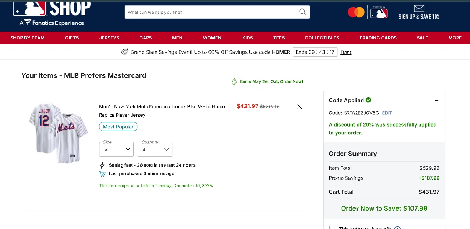 Cleveland Guardians checkout page showing Cleveland Guardians coupon code box | Screenshot taken by SimplyCodes community member on Dec 14, 2025