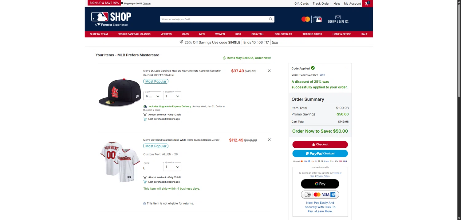 Cleveland Guardians checkout page showing Cleveland Guardians coupon code box | Screenshot taken by SimplyCodes community member on Jan 16, 2026