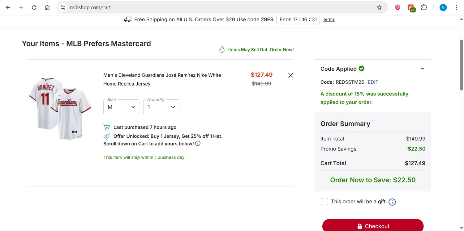 Cleveland Guardians checkout page showing Cleveland Guardians coupon code box | Screenshot taken by SimplyCodes community member on Feb 12, 2026