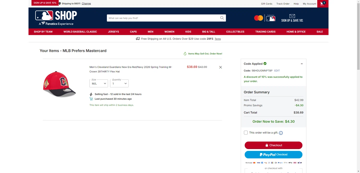 Cleveland Guardians checkout page showing Cleveland Guardians coupon code box | Screenshot taken by SimplyCodes community member on Feb 16, 2026